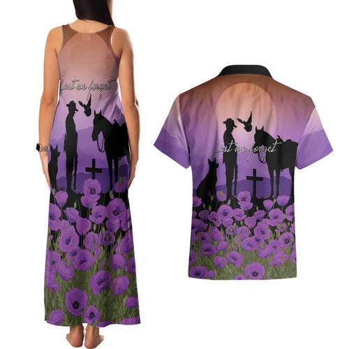 Australia ANZAC Animal Heroes Couples Matching Tank Maxi Dress and Hawaiian Shirt Purple Poppies