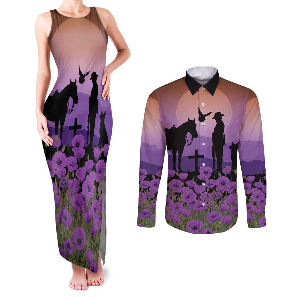 Australia ANZAC Animal Heroes Couples Matching Tank Maxi Dress and Long Sleeve Button Shirt Purple Poppies