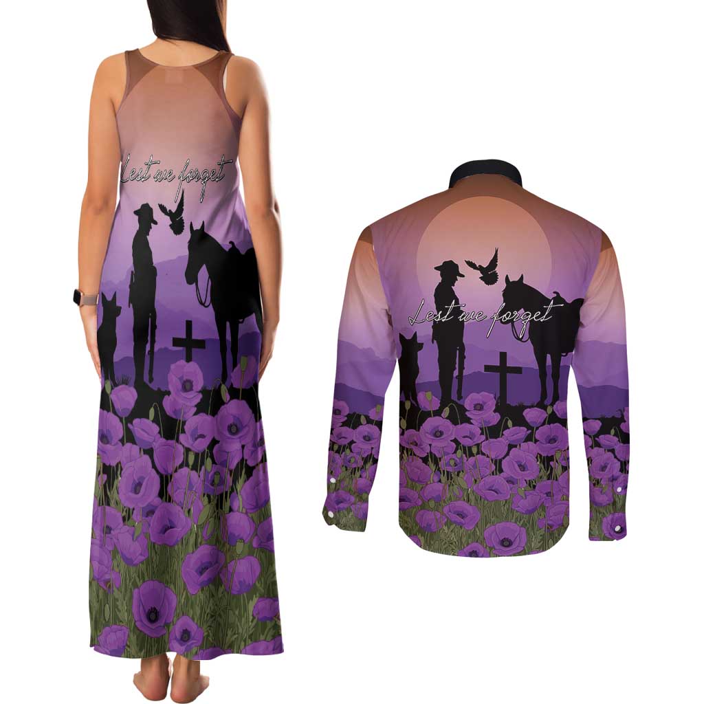Australia ANZAC Animal Heroes Couples Matching Tank Maxi Dress and Long Sleeve Button Shirt Purple Poppies