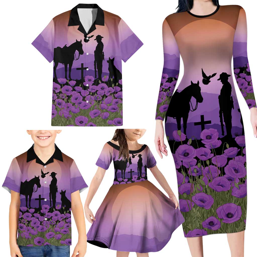 Australia ANZAC Animal Heroes Family Matching Long Sleeve Bodycon Dress and Hawaiian Shirt Purple Poppies