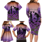 Australia ANZAC Animal Heroes Family Matching Long Sleeve Bodycon Dress and Hawaiian Shirt Purple Poppies