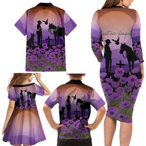 Australia ANZAC Animal Heroes Family Matching Long Sleeve Bodycon Dress and Hawaiian Shirt Purple Poppies