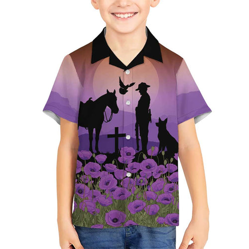 Australia ANZAC Animal Heroes Family Matching Long Sleeve Bodycon Dress and Hawaiian Shirt Purple Poppies