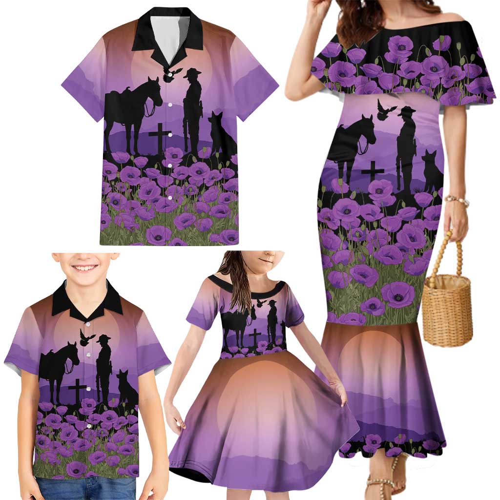 Australia ANZAC Animal Heroes Family Matching Mermaid Dress and Hawaiian Shirt Purple Poppies