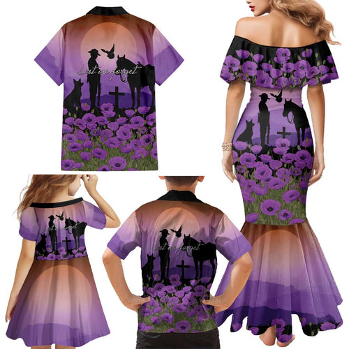 Australia ANZAC Animal Heroes Family Matching Mermaid Dress and Hawaiian Shirt Purple Poppies