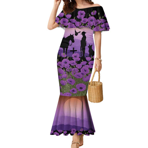 Australia ANZAC Animal Heroes Family Matching Mermaid Dress and Hawaiian Shirt Purple Poppies