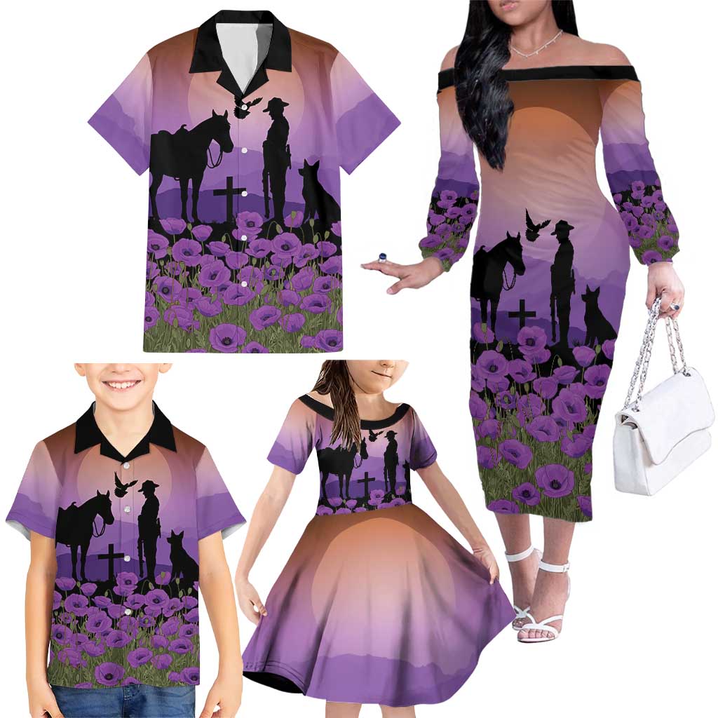 Australia ANZAC Animal Heroes Family Matching Off The Shoulder Long Sleeve Dress and Hawaiian Shirt Purple Poppies