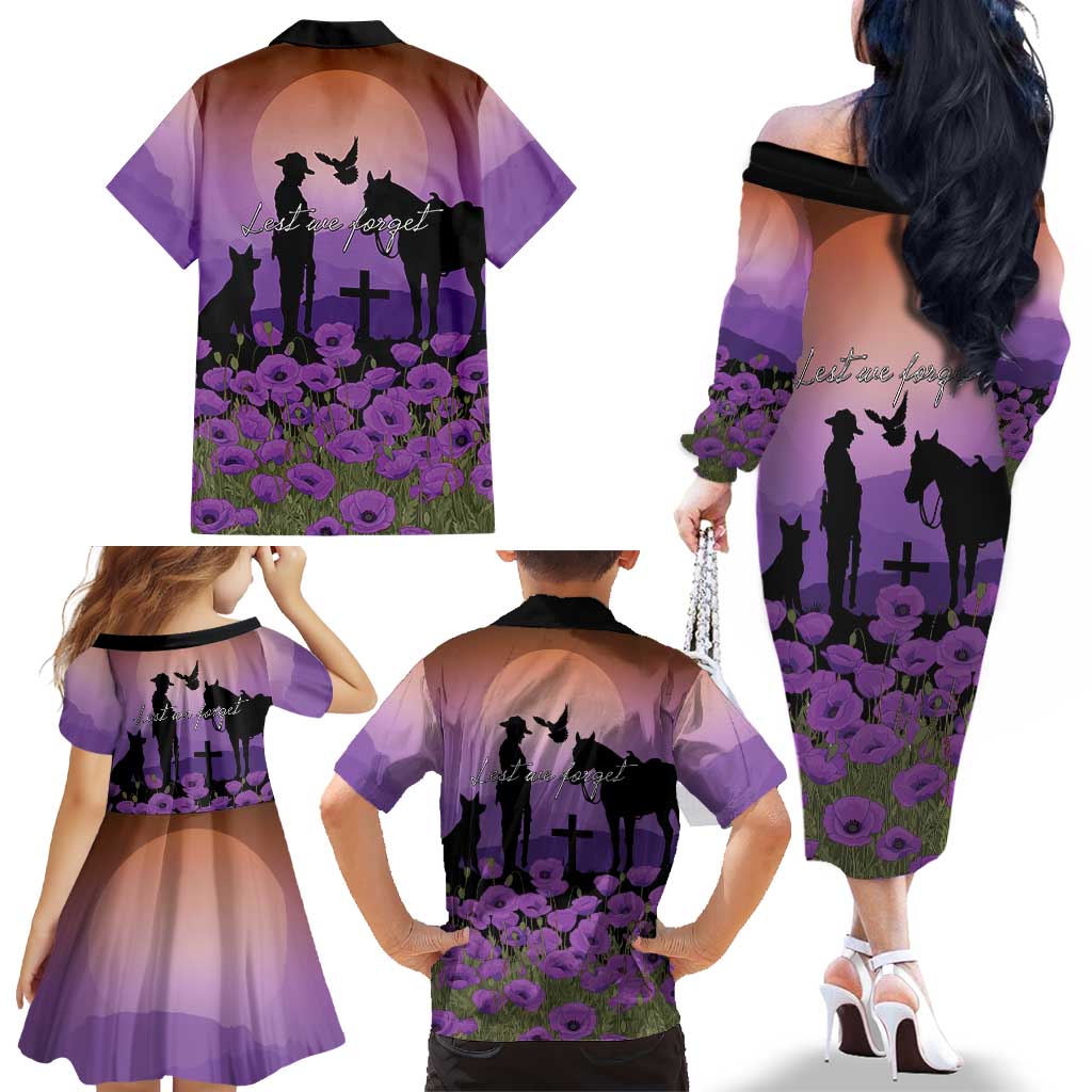Australia ANZAC Animal Heroes Family Matching Off The Shoulder Long Sleeve Dress and Hawaiian Shirt Purple Poppies