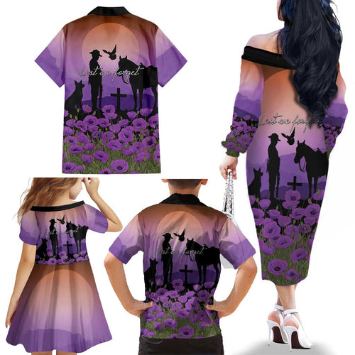 Australia ANZAC Animal Heroes Family Matching Off The Shoulder Long Sleeve Dress and Hawaiian Shirt Purple Poppies