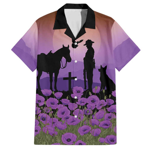 Australia ANZAC Animal Heroes Family Matching Off The Shoulder Long Sleeve Dress and Hawaiian Shirt Purple Poppies