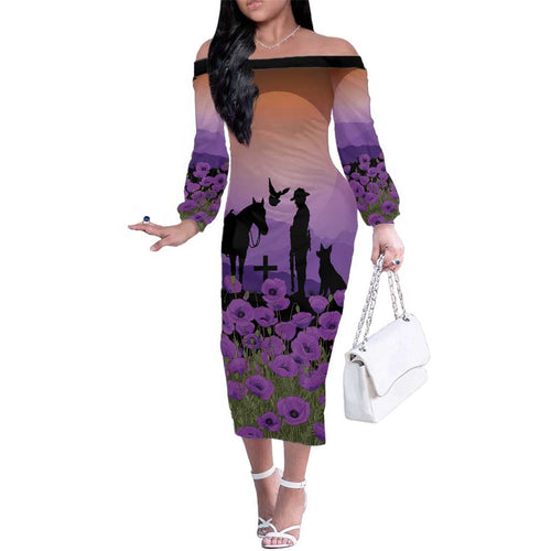 Australia ANZAC Animal Heroes Family Matching Off The Shoulder Long Sleeve Dress and Hawaiian Shirt Purple Poppies