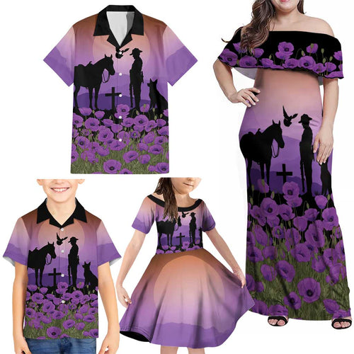 Australia ANZAC Animal Heroes Family Matching Off Shoulder Maxi Dress and Hawaiian Shirt Purple Poppies