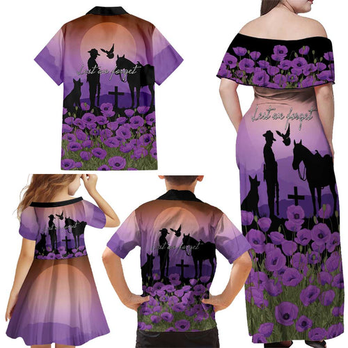 Australia ANZAC Animal Heroes Family Matching Off Shoulder Maxi Dress and Hawaiian Shirt Purple Poppies