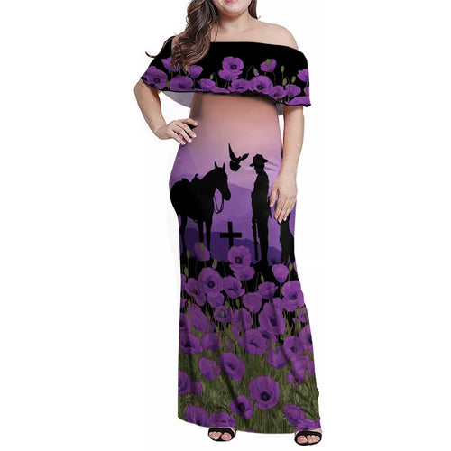 Australia ANZAC Animal Heroes Family Matching Off Shoulder Maxi Dress and Hawaiian Shirt Purple Poppies
