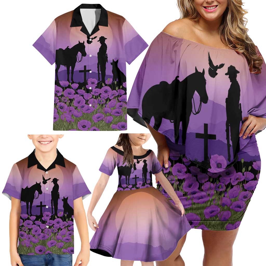 Australia ANZAC Animal Heroes Family Matching Off Shoulder Short Dress and Hawaiian Shirt Purple Poppies