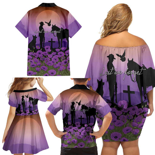 Australia ANZAC Animal Heroes Family Matching Off Shoulder Short Dress and Hawaiian Shirt Purple Poppies