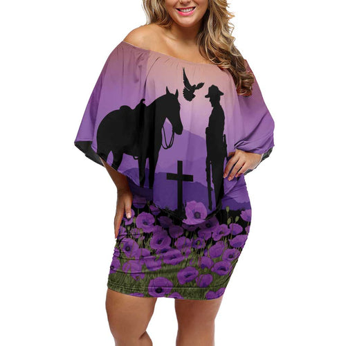 Australia ANZAC Animal Heroes Family Matching Off Shoulder Short Dress and Hawaiian Shirt Purple Poppies