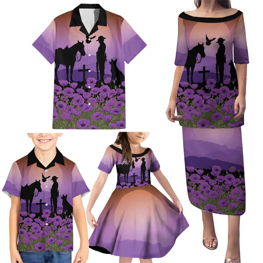 Australia ANZAC Animal Heroes Family Matching Puletasi and Hawaiian Shirt Purple Poppies