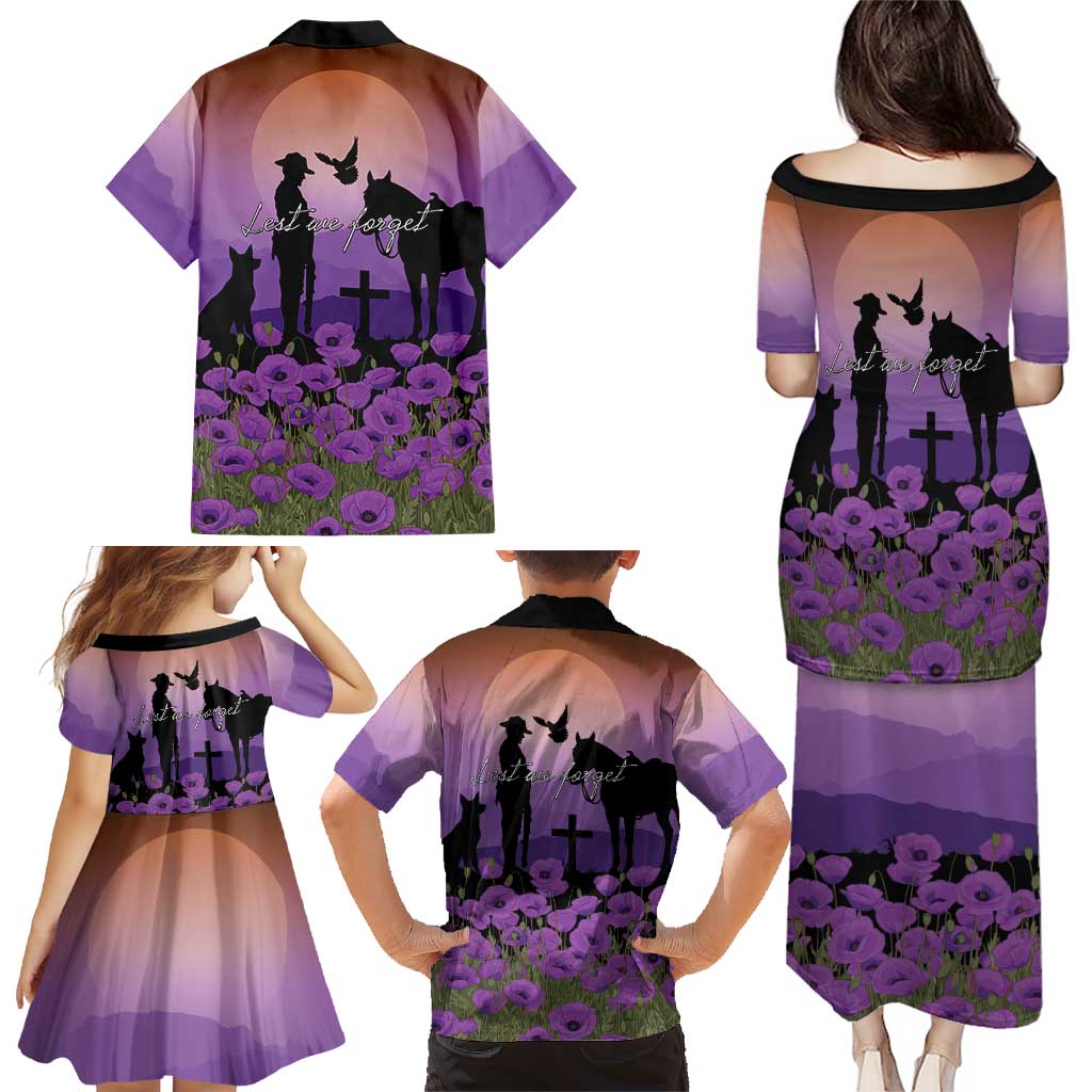 Australia ANZAC Animal Heroes Family Matching Puletasi and Hawaiian Shirt Purple Poppies