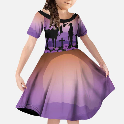 Australia ANZAC Animal Heroes Family Matching Short Sleeve Bodycon Dress and Hawaiian Shirt Purple Poppies