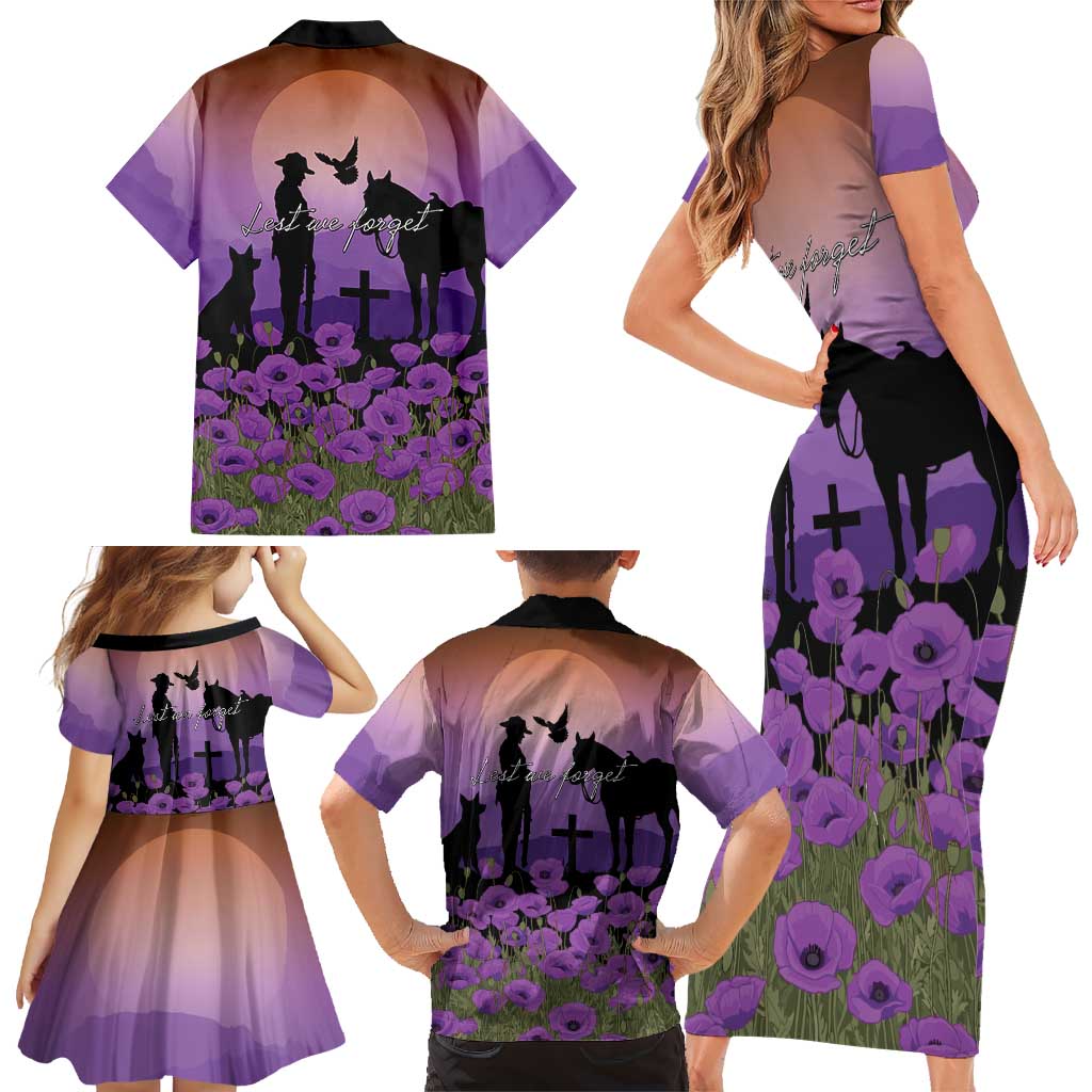 Australia ANZAC Animal Heroes Family Matching Short Sleeve Bodycon Dress and Hawaiian Shirt Purple Poppies
