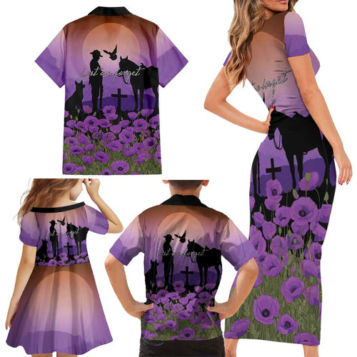 Australia ANZAC Animal Heroes Family Matching Short Sleeve Bodycon Dress and Hawaiian Shirt Purple Poppies