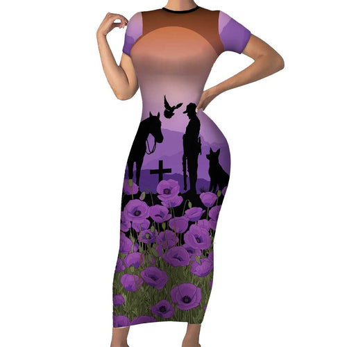 Australia ANZAC Animal Heroes Family Matching Short Sleeve Bodycon Dress and Hawaiian Shirt Purple Poppies