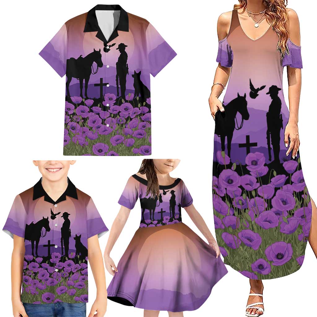 Australia ANZAC Animal Heroes Family Matching Summer Maxi Dress and Hawaiian Shirt Purple Poppies