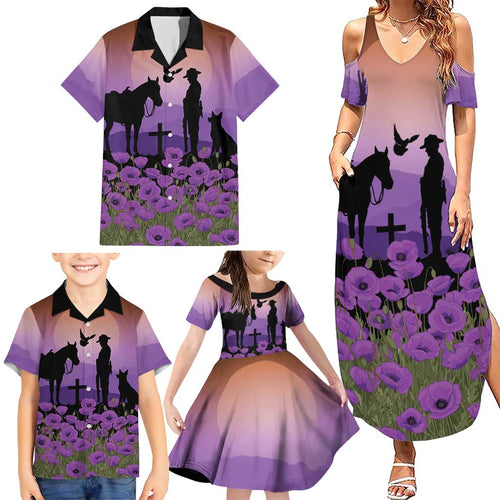 Australia ANZAC Animal Heroes Family Matching Summer Maxi Dress and Hawaiian Shirt Purple Poppies