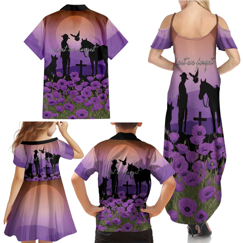 Australia ANZAC Animal Heroes Family Matching Summer Maxi Dress and Hawaiian Shirt Purple Poppies