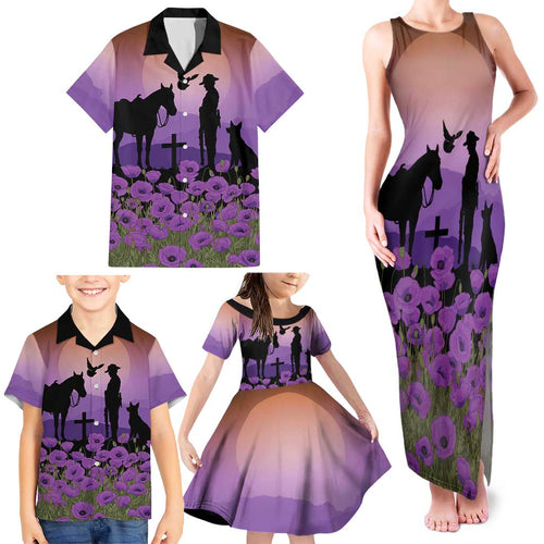 Australia ANZAC Animal Heroes Family Matching Tank Maxi Dress and Hawaiian Shirt Purple Poppies