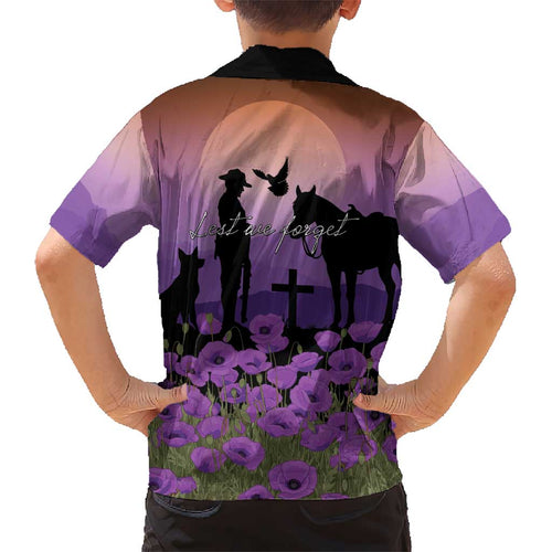 Australia ANZAC Animal Heroes Kid Hawaiian Shirt Purple Poppies