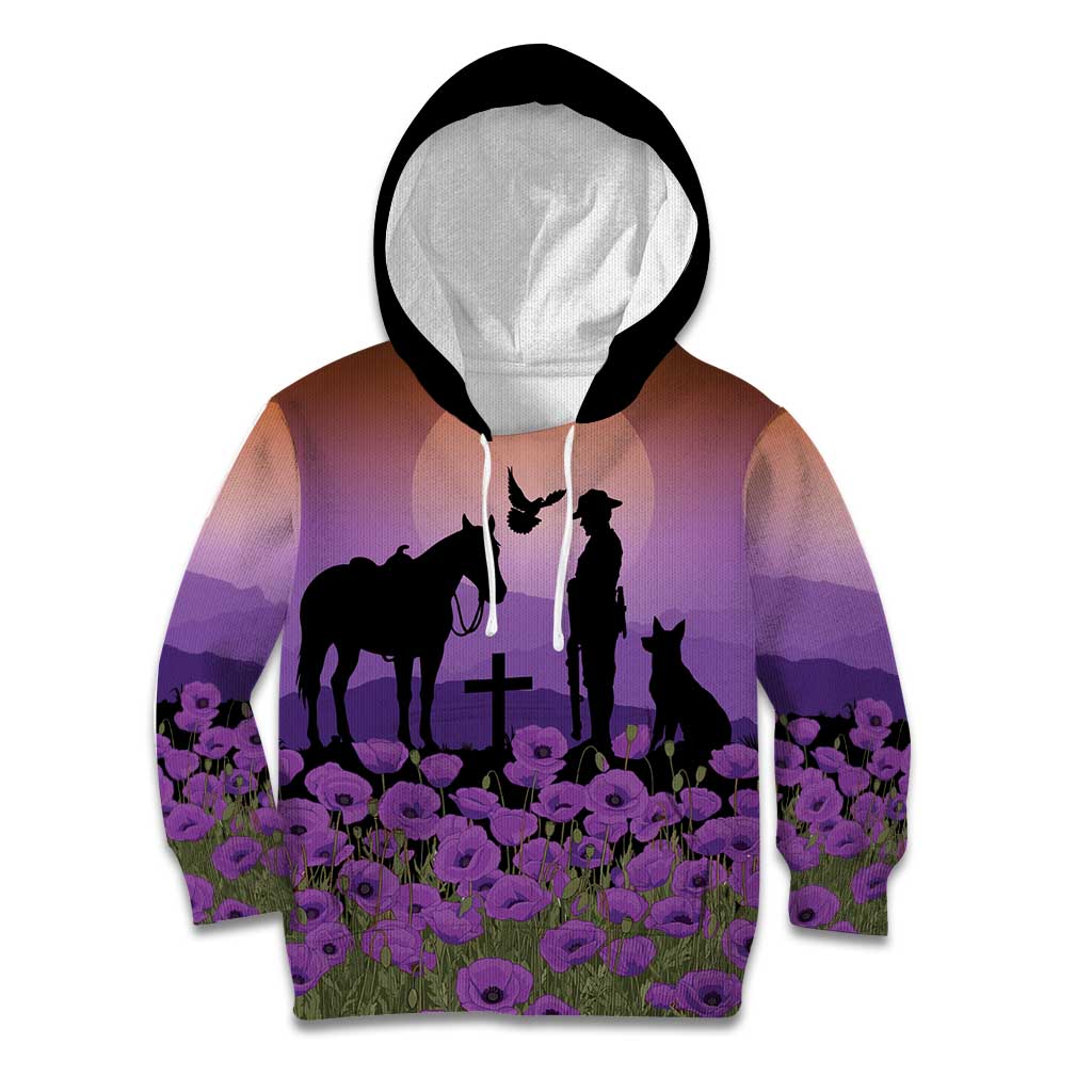 Australia ANZAC Animal Heroes Kid Hoodie Purple Poppies