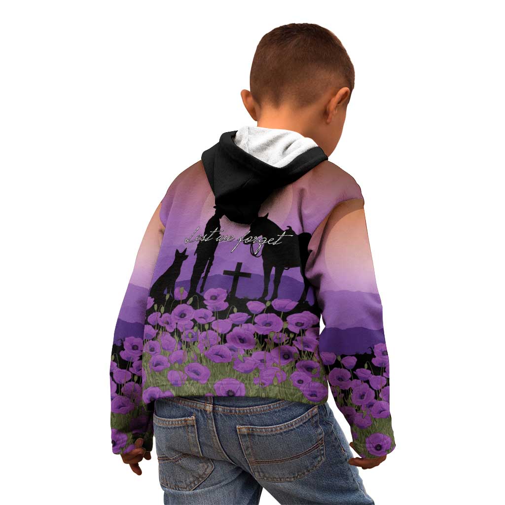 Australia ANZAC Animal Heroes Kid Hoodie Purple Poppies