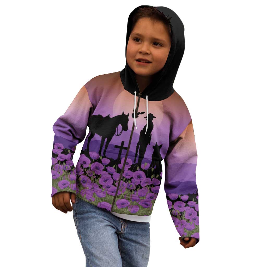 Australia ANZAC Animal Heroes Kid Hoodie Purple Poppies