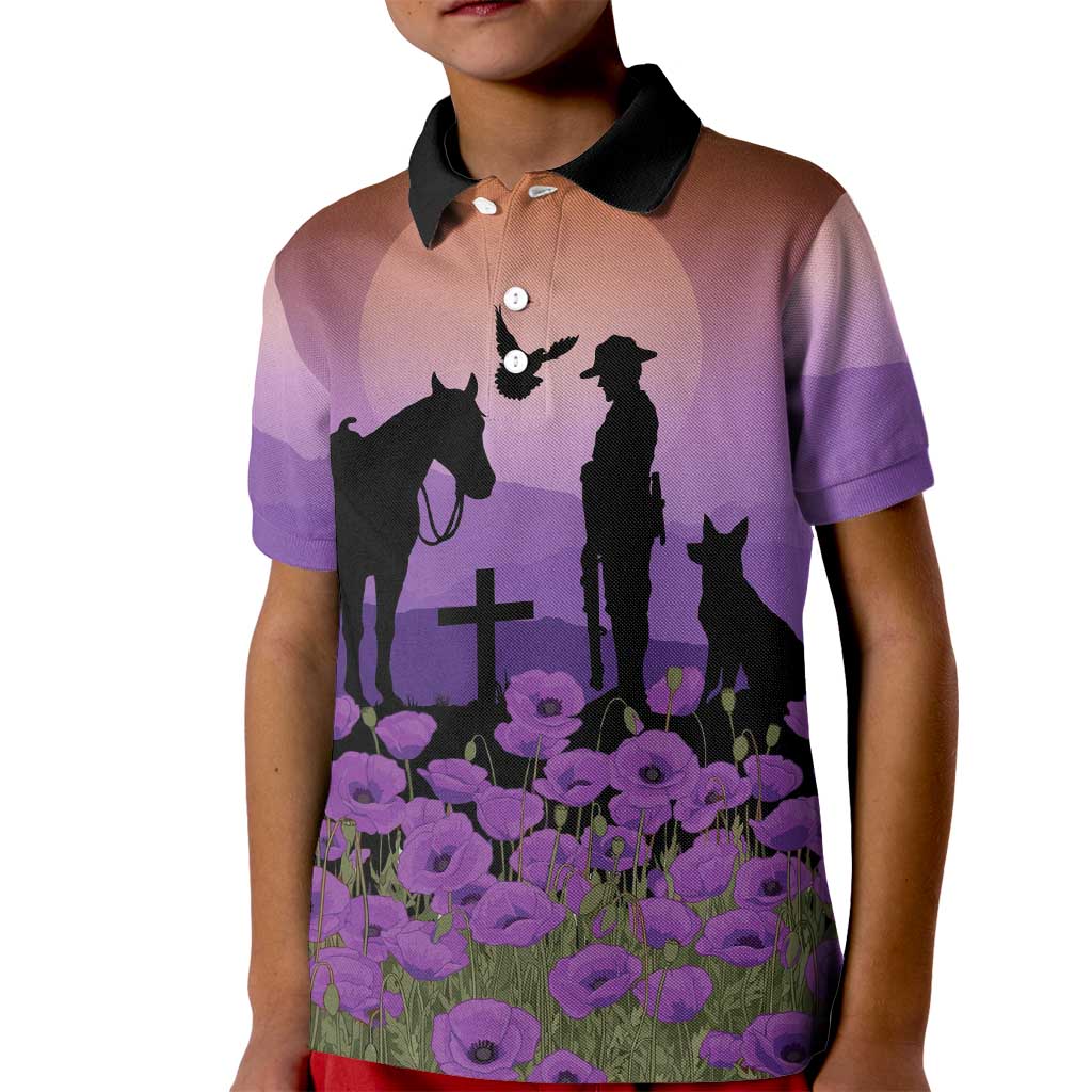 Australia ANZAC Animal Heroes Kid Polo Shirt Purple Poppies