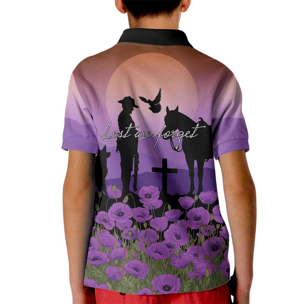 Australia ANZAC Animal Heroes Kid Polo Shirt Purple Poppies