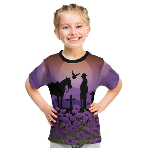 Australia ANZAC Animal Heroes Kid T Shirt Purple Poppies