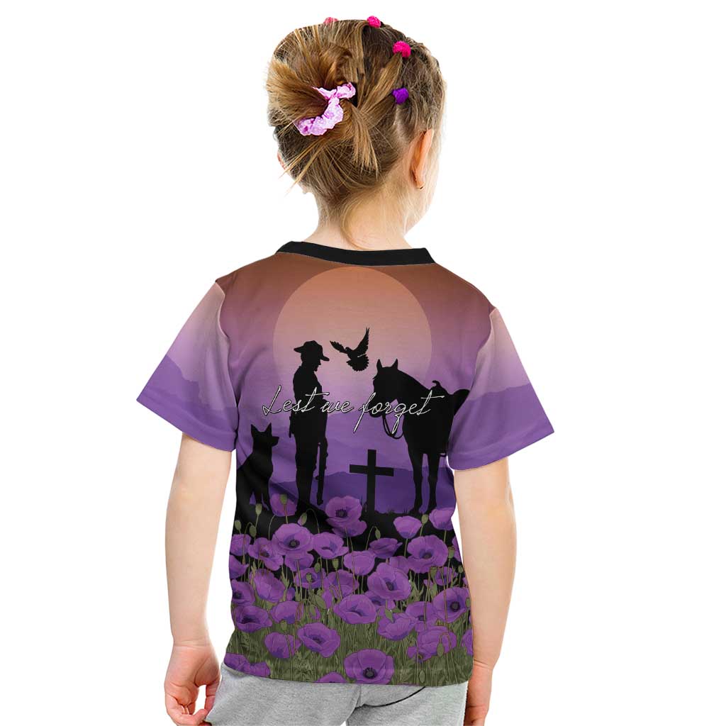 Australia ANZAC Animal Heroes Kid T Shirt Purple Poppies
