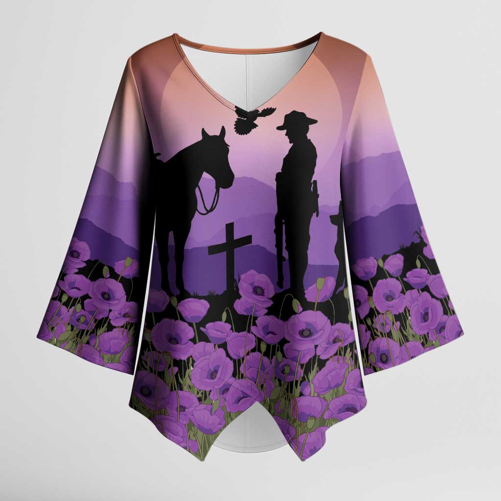 Australia ANZAC Animal Heroes Kimono Sleeve Blouse Purple Poppies