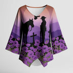 Australia ANZAC Animal Heroes Kimono Sleeve Blouse Purple Poppies