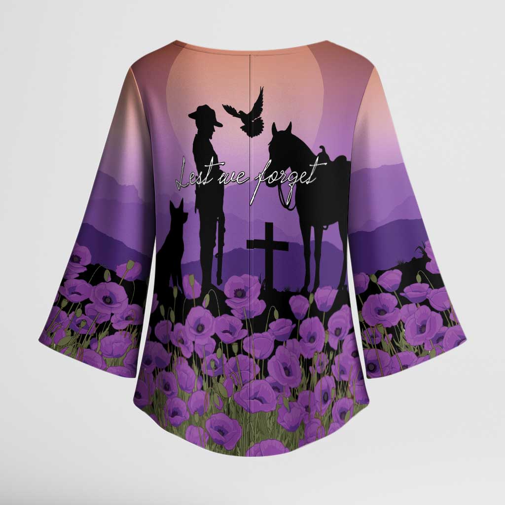Australia ANZAC Animal Heroes Kimono Sleeve Blouse Purple Poppies