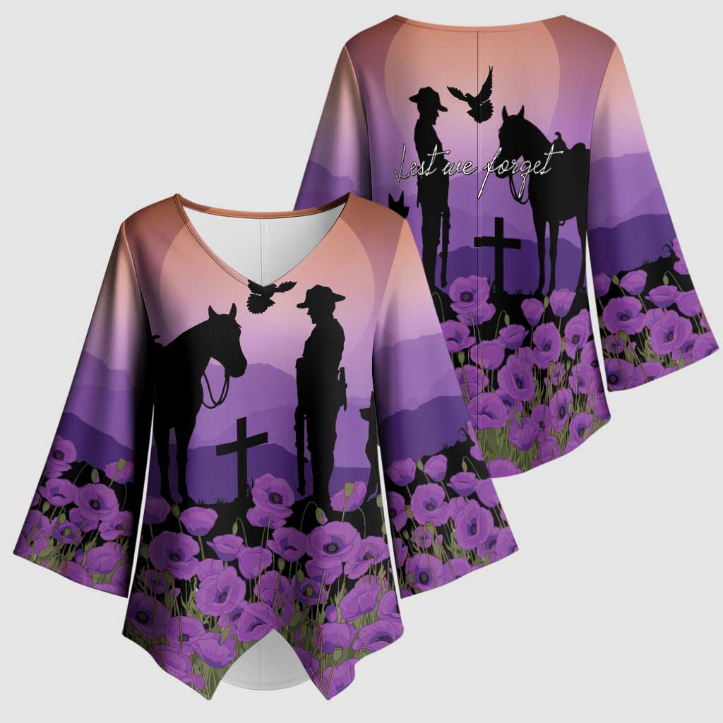 Australia ANZAC Animal Heroes Kimono Sleeve Blouse Purple Poppies