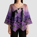 Australia ANZAC Animal Heroes Kimono Sleeve Blouse Purple Poppies