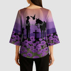 Australia ANZAC Animal Heroes Kimono Sleeve Blouse Purple Poppies