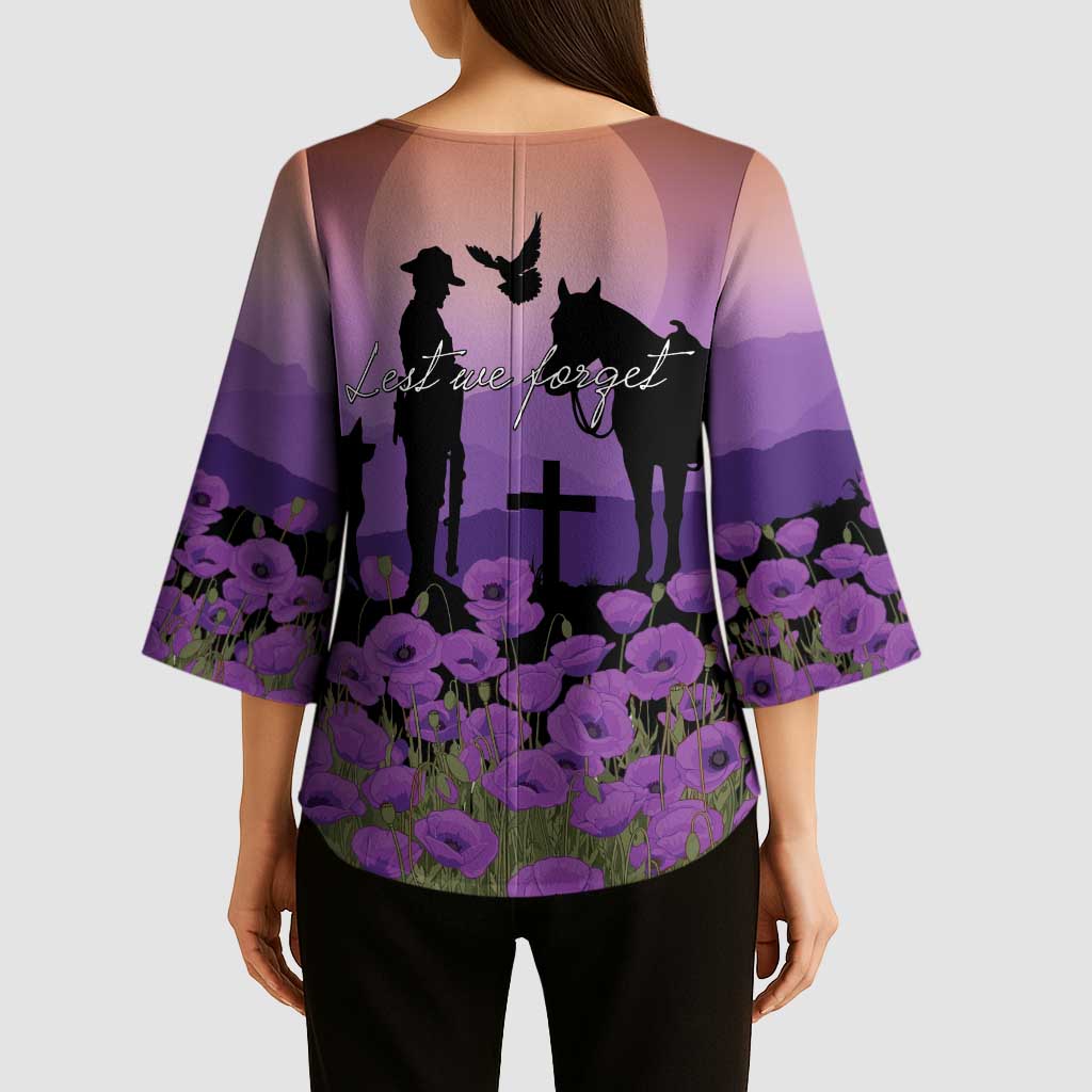 Australia ANZAC Animal Heroes Kimono Sleeve Blouse Purple Poppies