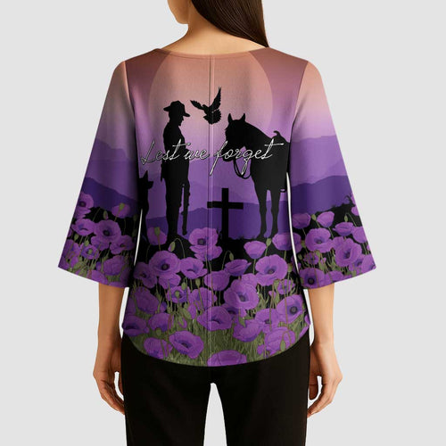 Australia ANZAC Animal Heroes Kimono Sleeve Blouse Purple Poppies