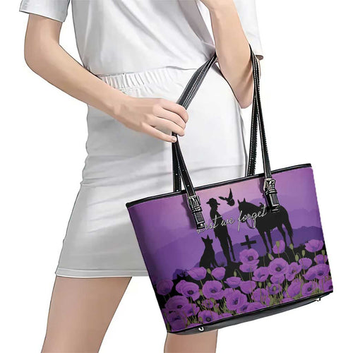 Australia ANZAC Animal Heroes Leather Tote Bag Purple Poppies