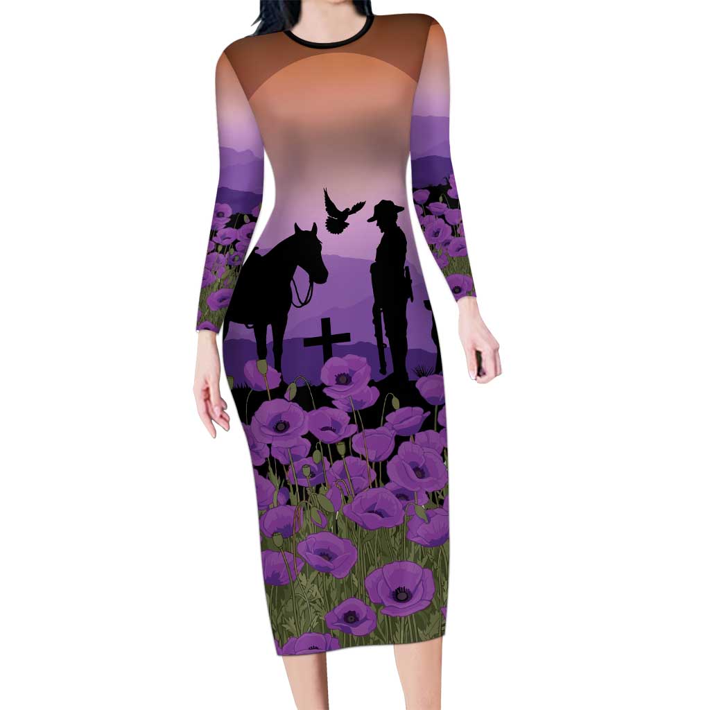 Australia ANZAC Animal Heroes Long Sleeve Bodycon Dress Purple Poppies