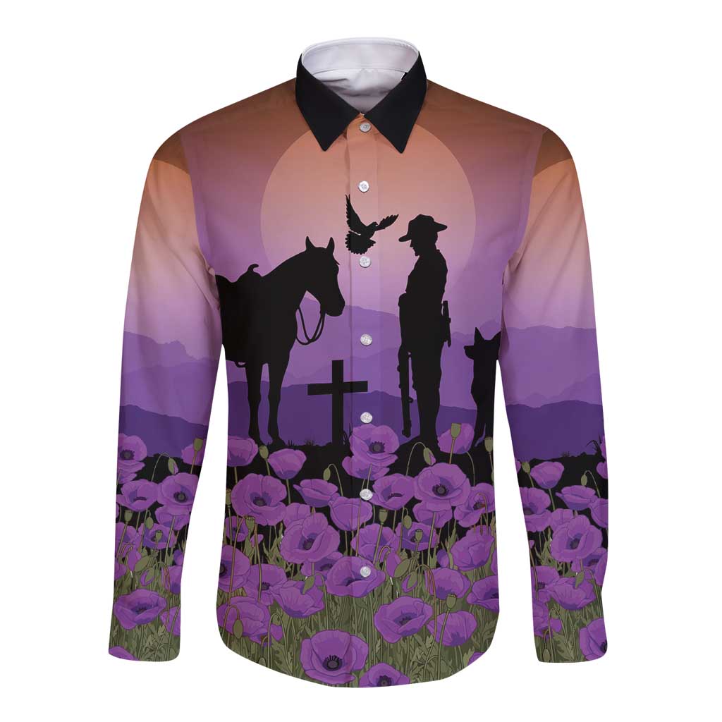 Australia ANZAC Animal Heroes Long Sleeve Button Shirt Purple Poppies